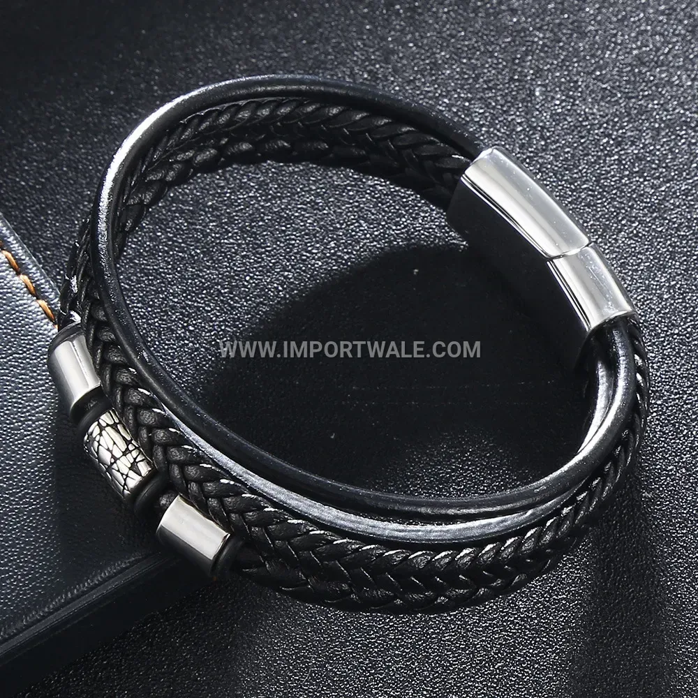 Woven Black Leather Men Bracelet with Stainless Steel Beads