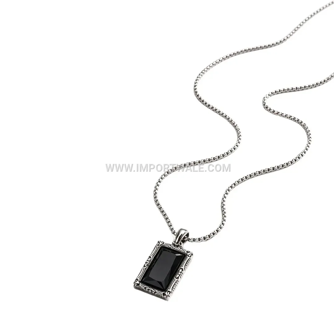 Vintage Obsidian Dog Tag Stainless Steel Men Necklace