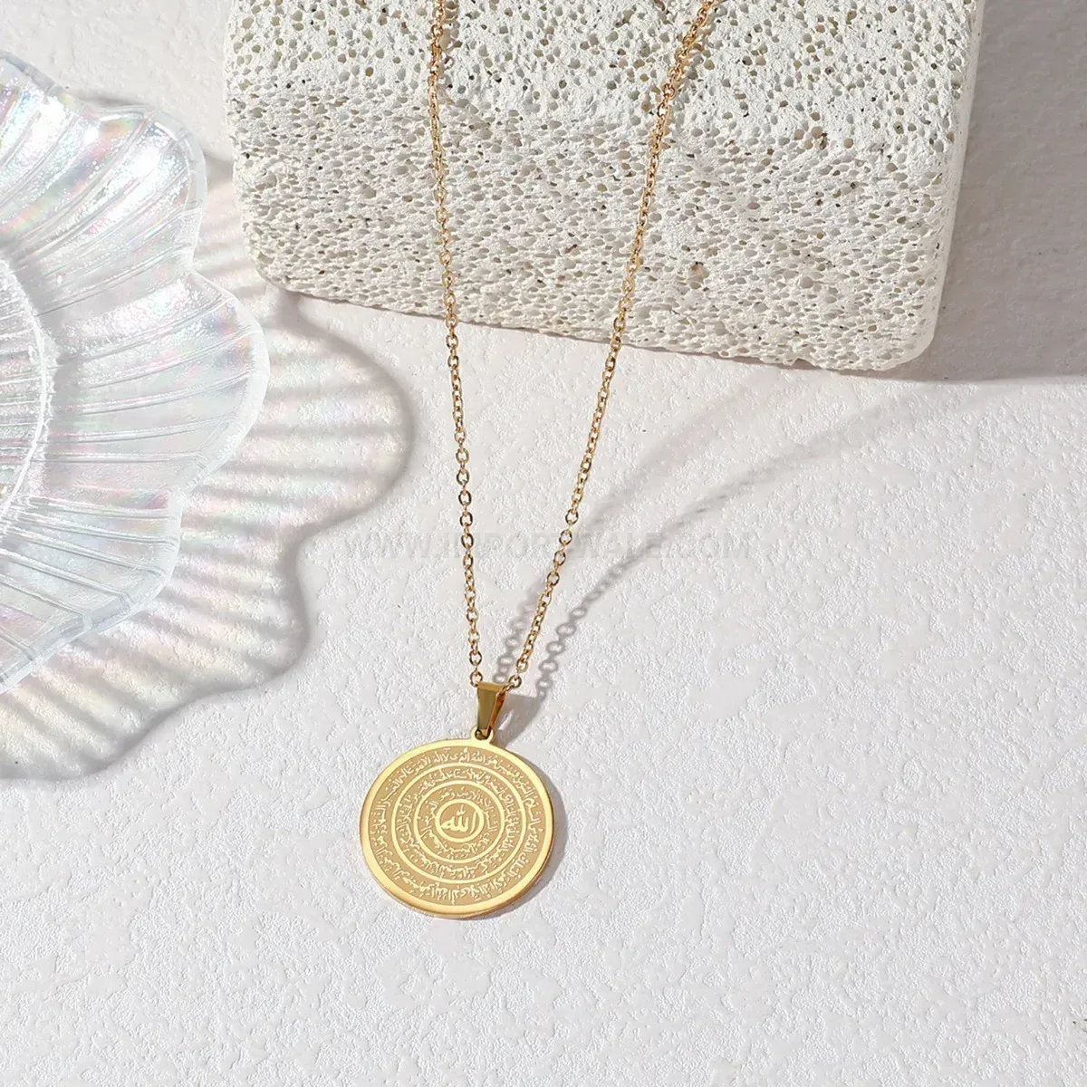 Designer Plated Stainless Steel Islamic Script Medallion Pendant Necklace