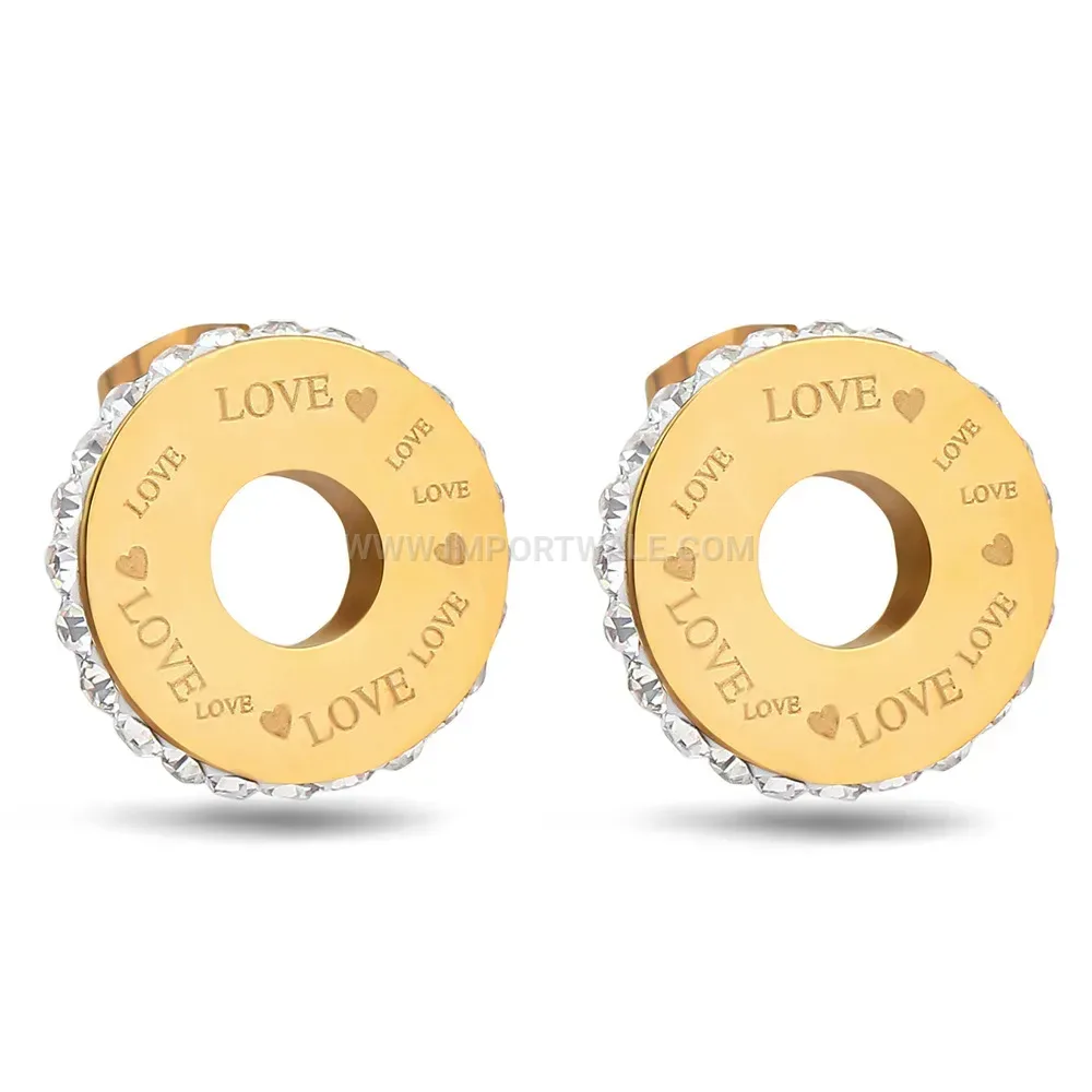 Gold Plated Stainless Steel Round Love Engraved Stud Earrings