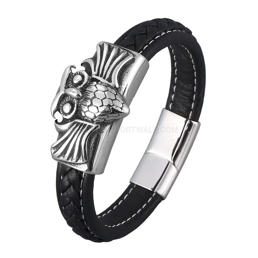 Chic Owl Motif Stainless Steel Leather Bracelet With Magnetic Closure