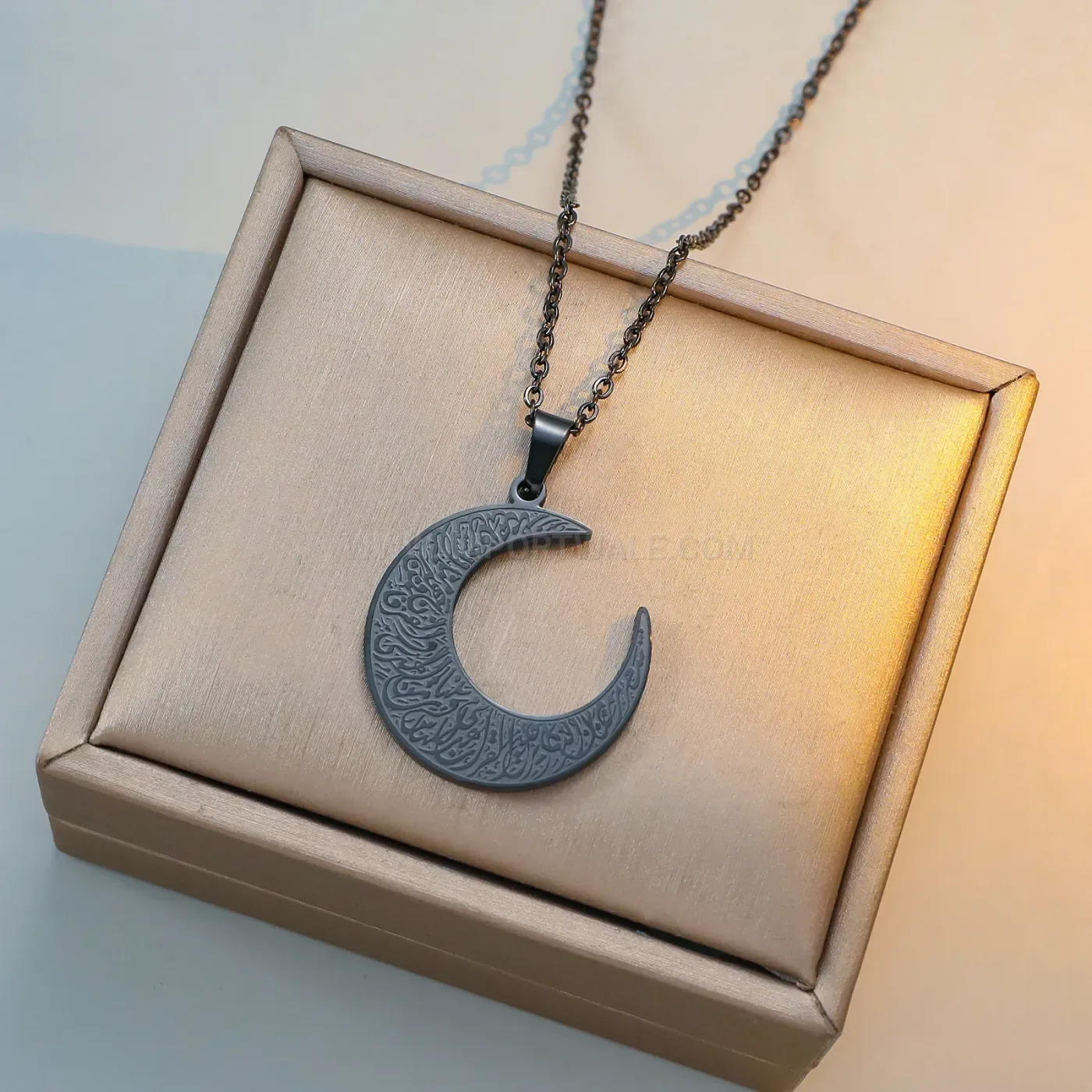Fashion Stainless Steel Crescent Ayatul Kursi Pendant Link Chain Necklace