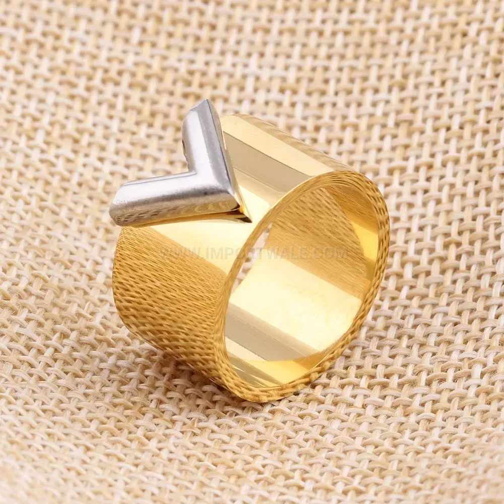 Stylish Two Tone Stainless Steel Wide V Letter Band Ring