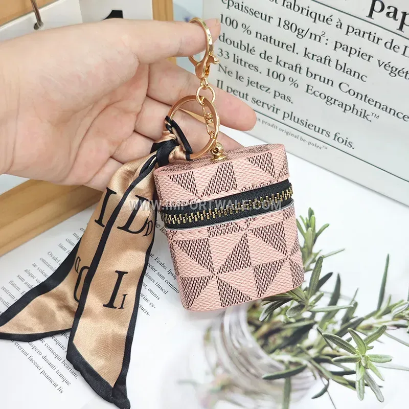 Geometric PU Leather Earphone Case Keychain Pendant