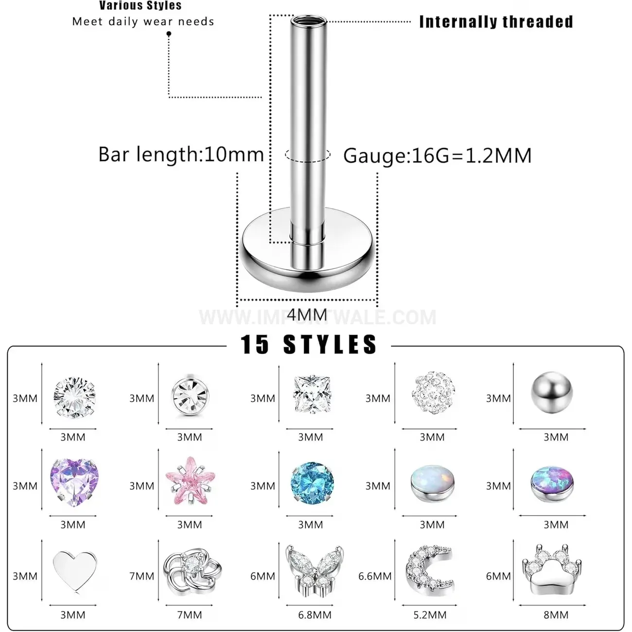 Chic Flat Back Stainless Steel Colorful Stone Labret Piercing Set