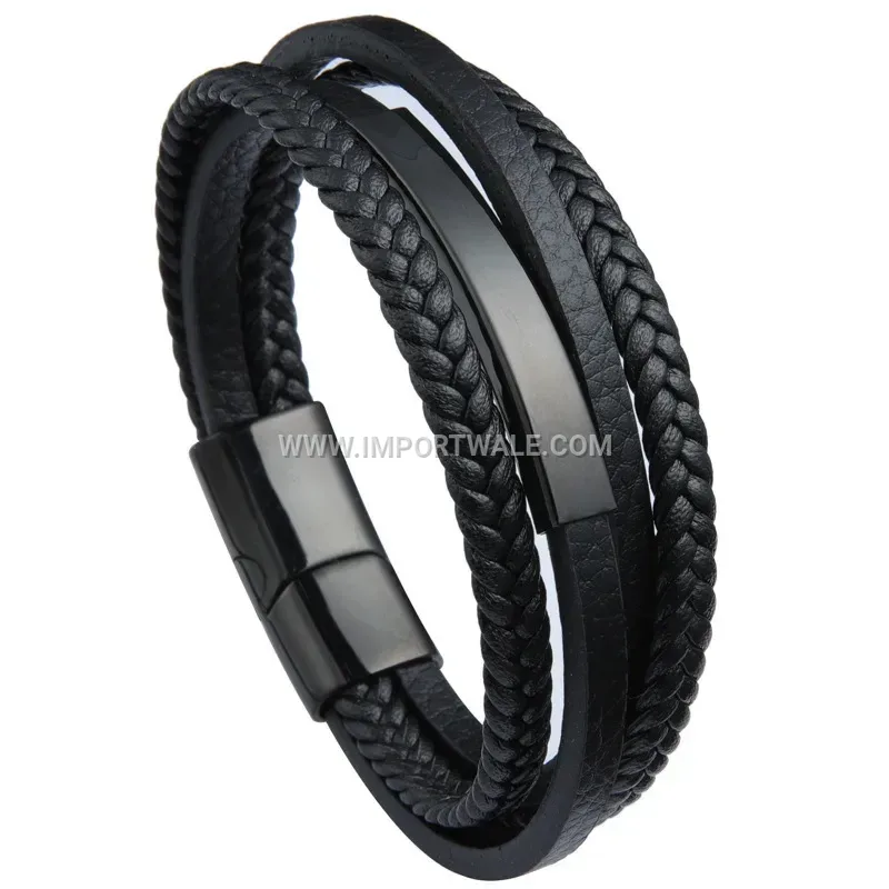 Sleek Engravable Leather Coded Wristband Metallic Buckle Bracelet
