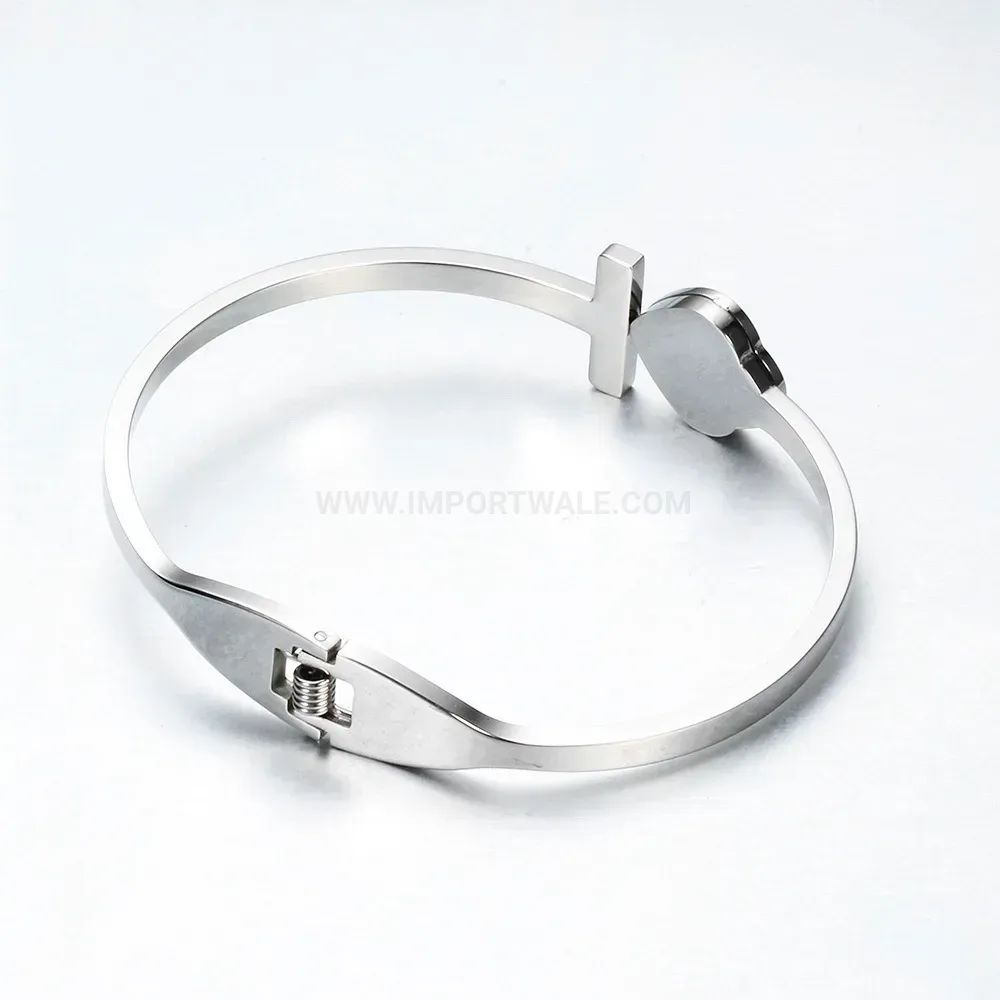 Premium Rhinestone Heart Cross T-Bar Lock Stainless Steel Bangle Bracelet