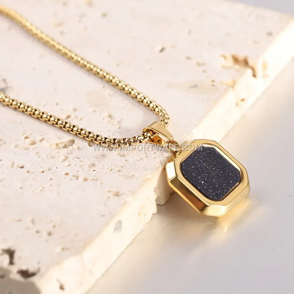 Square Gold Sandstone Rhinestone Encased Stainless Steel Necklace