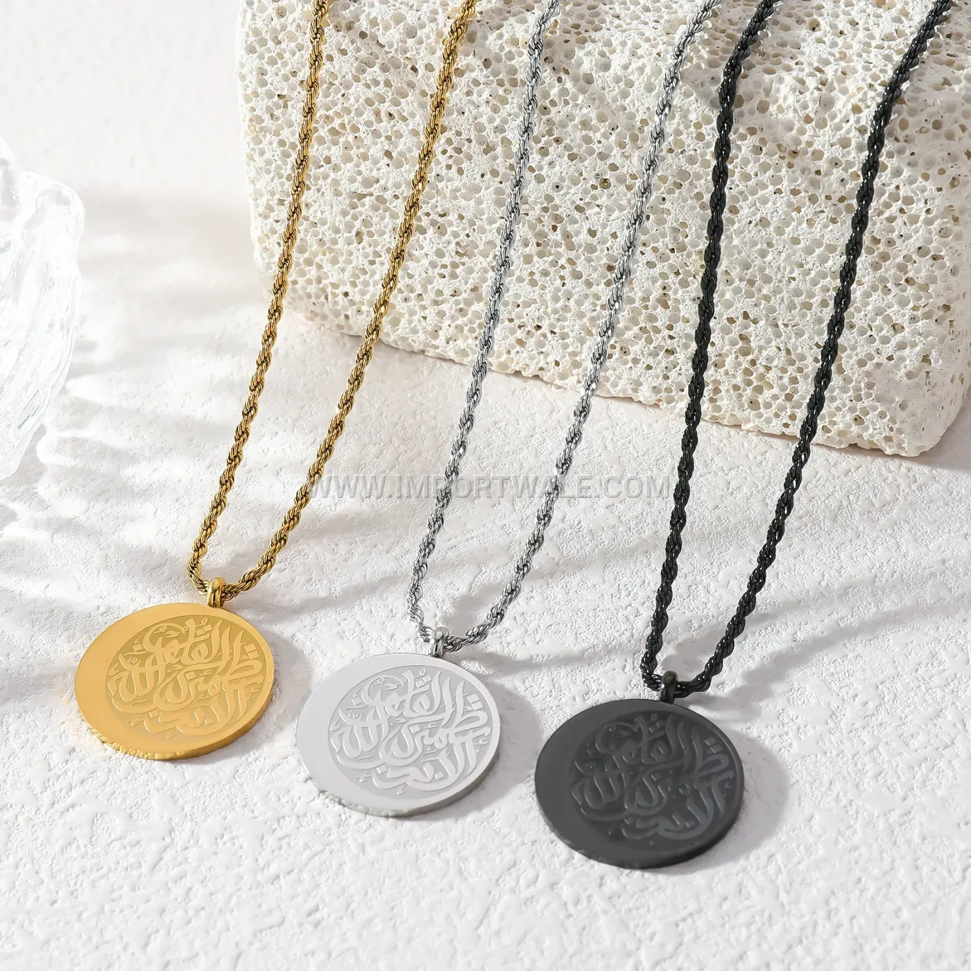 Platinum Plated Stainless Steel Arabic Script Coin Pendant Necklace