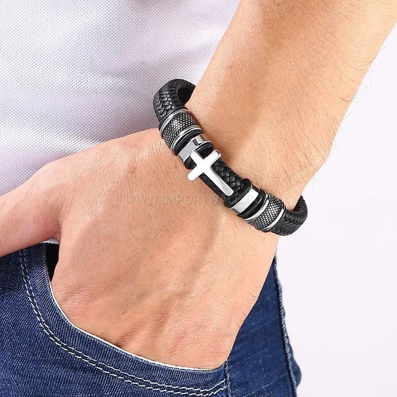 Designer Ankh Cross Braided Leather Stainless Steel Bracelet