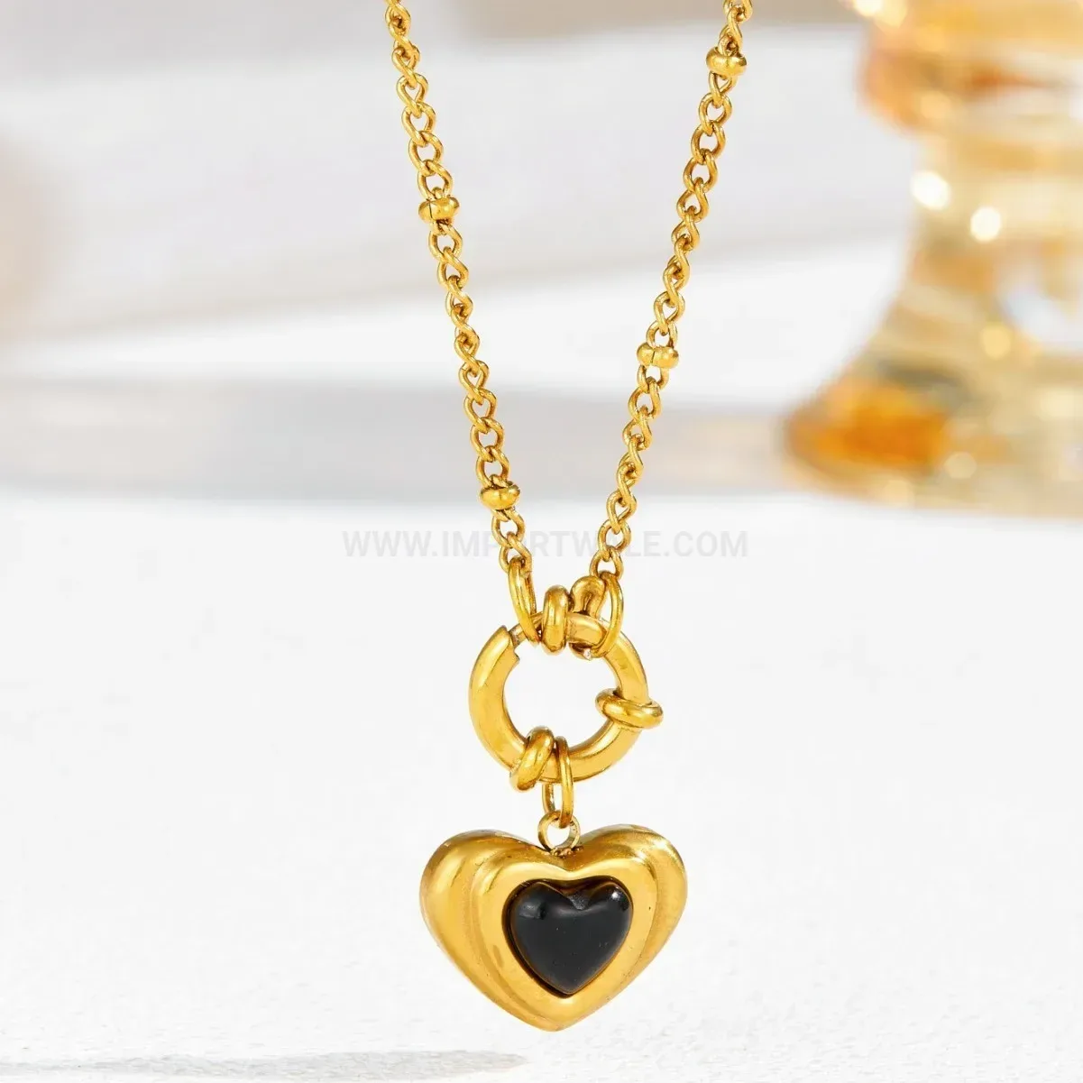 Vintage Black Agate Heart Pendant Stainless Steel Necklace