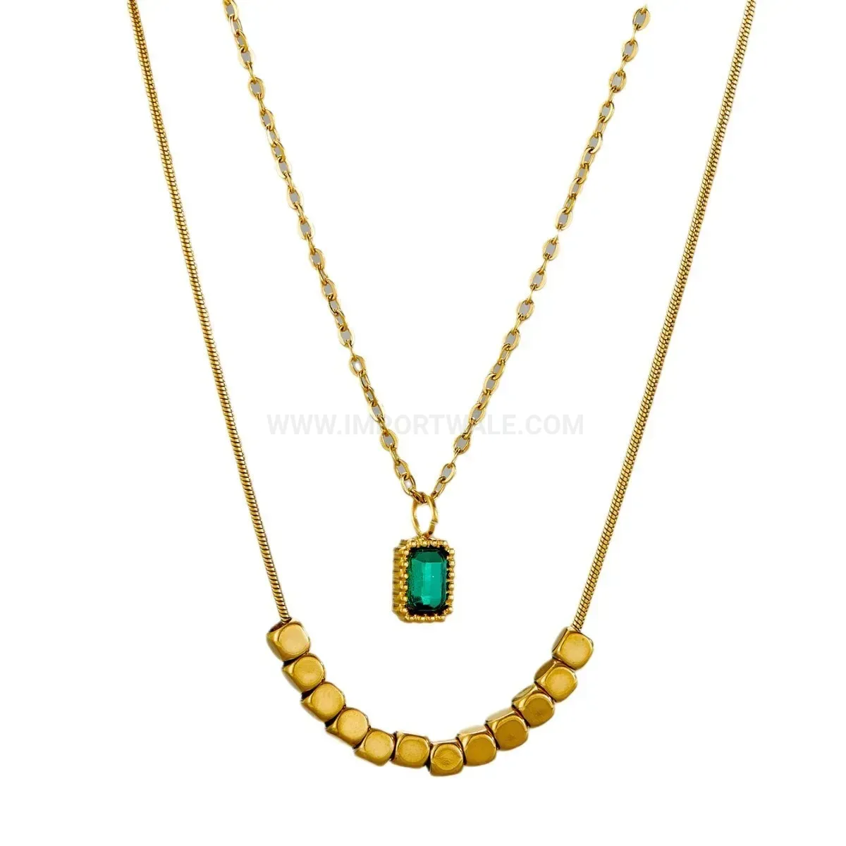Modern Gold Plated Titanium Steel Heart Clavicle Necklace with Green Zirconia