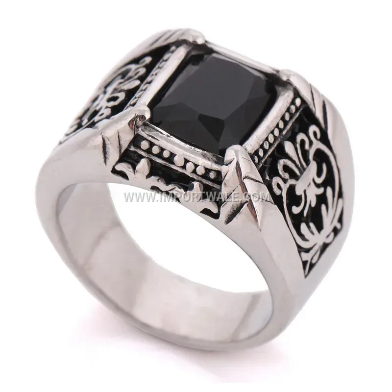 Vintage Crystal Inlaid Stainless Steel Geometric Signet Ring