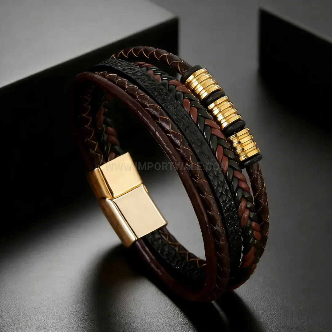 Trendy Multi Strand Braided Leather Metal Bead Bracelet with Magnetic Clasp