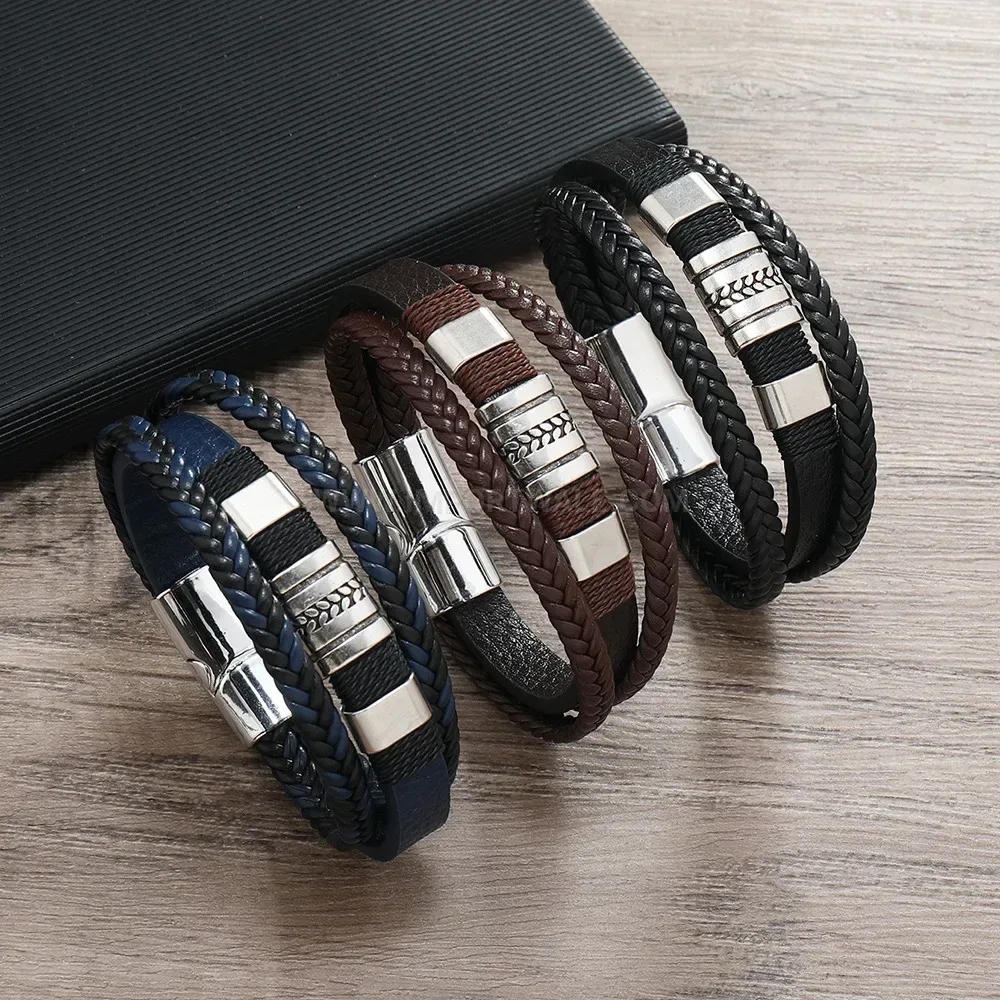 Designer Triple-Ring Engraved Leather Bracelet With Magnetic Closure