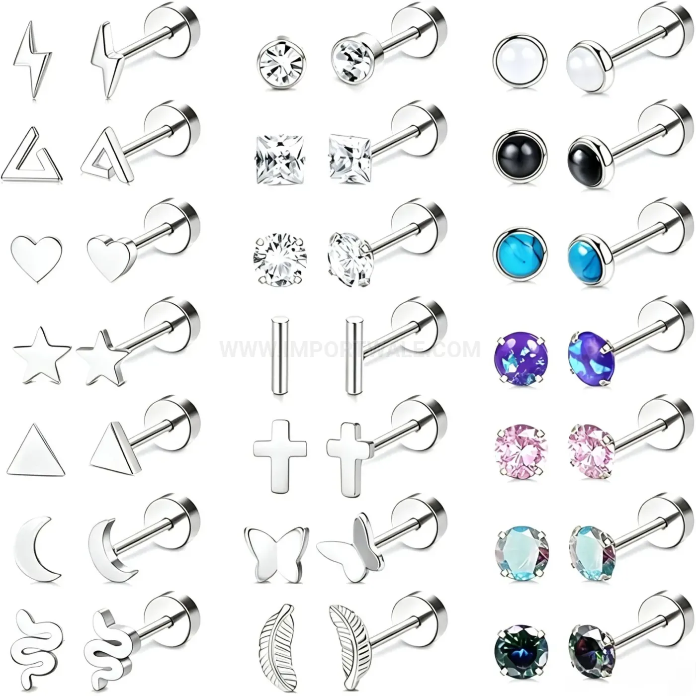 Designer Flat Back Threaded Stainless Steel Piercing Earring Set