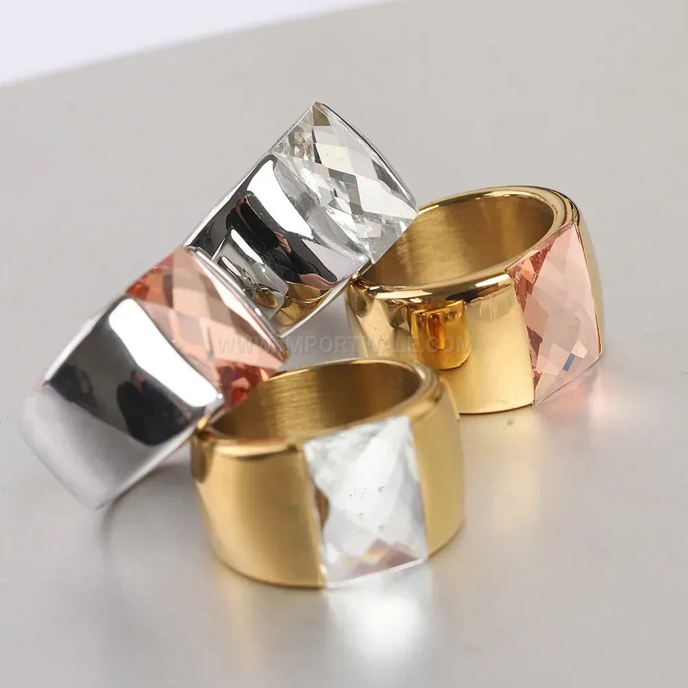 Stylish Crystal Inlaid Stainless Steel Band Ring