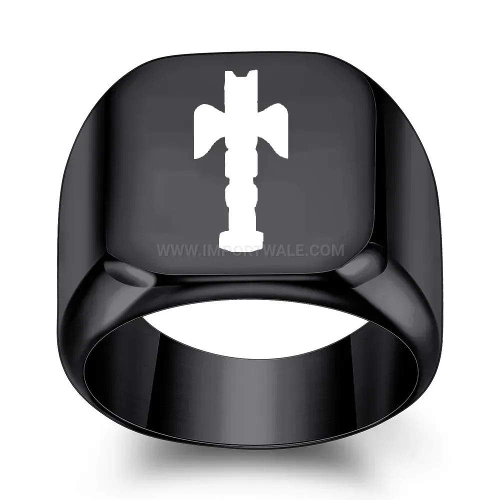 Stylish Laser Engraved Cross Square Signet Stainless Steel Band Ring