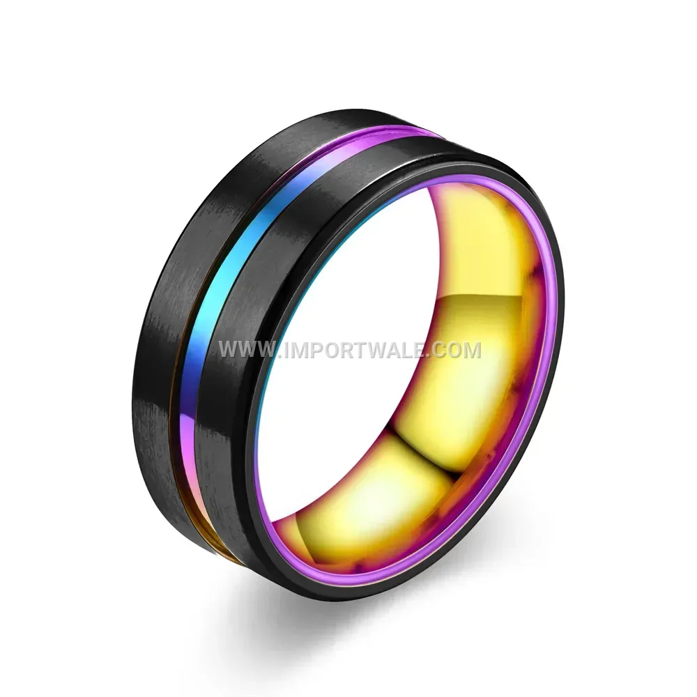 Stainless Steel Beveled Grooved Band Ring with Colorful Inlay