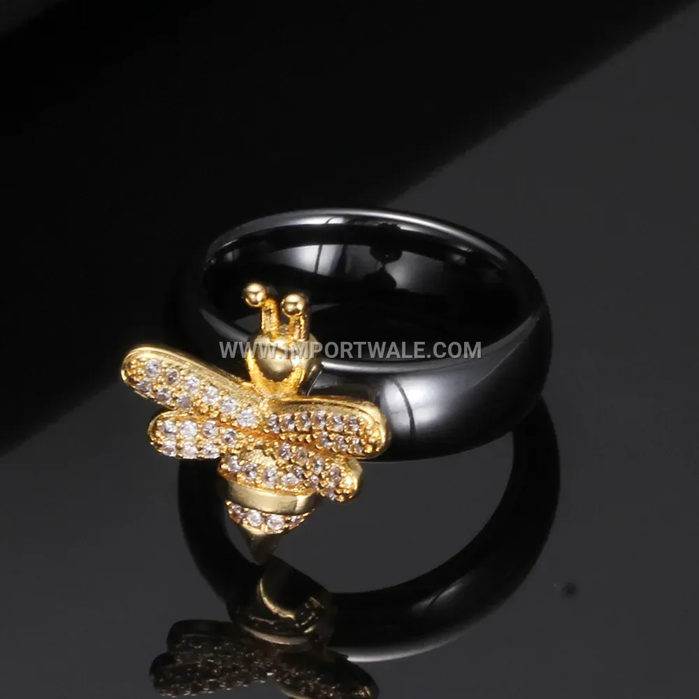 Bee Motif Micro-Pave Zirconia Polished Ceramic Band Ring