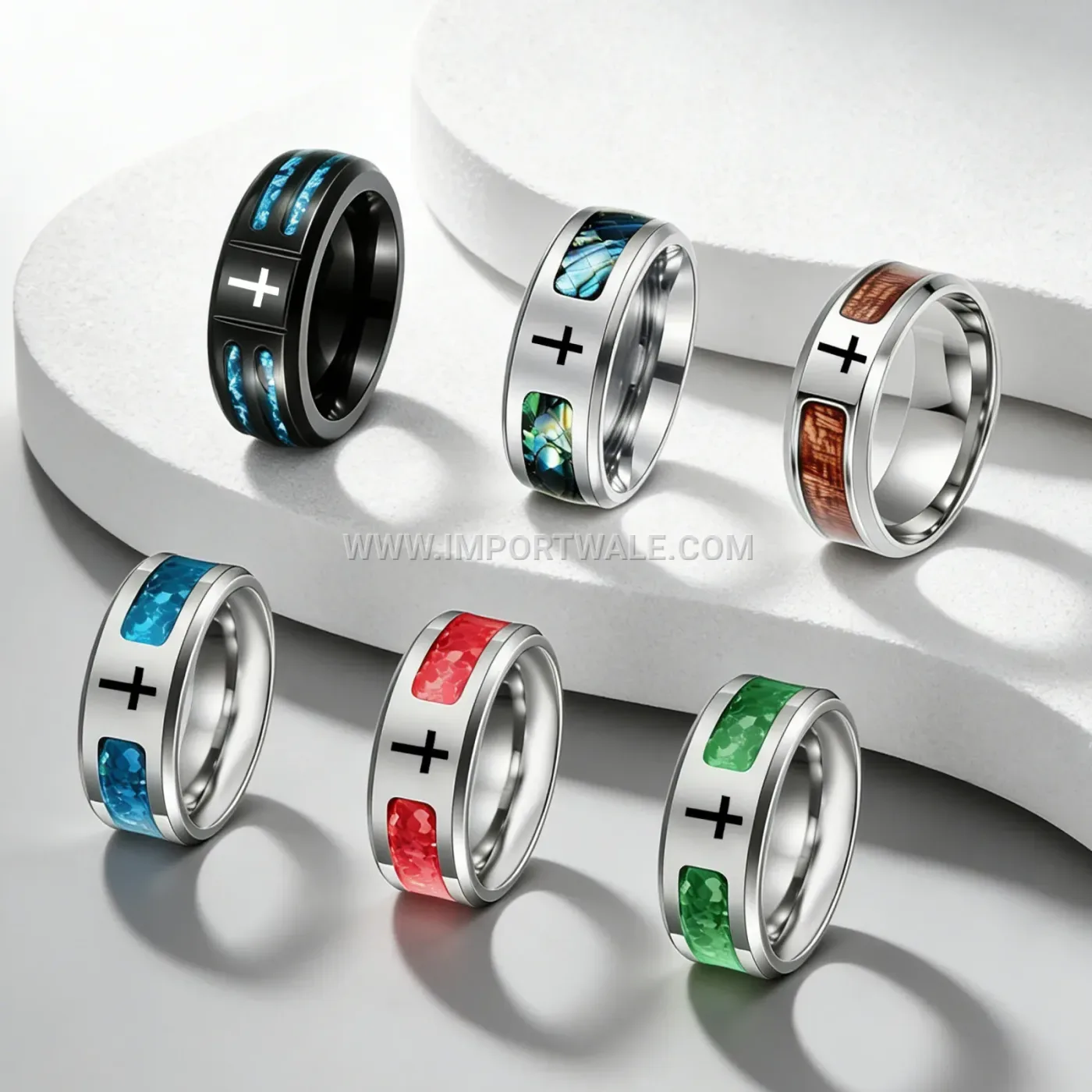 Men Cross Detail Opal Stainless Steel Band Ring