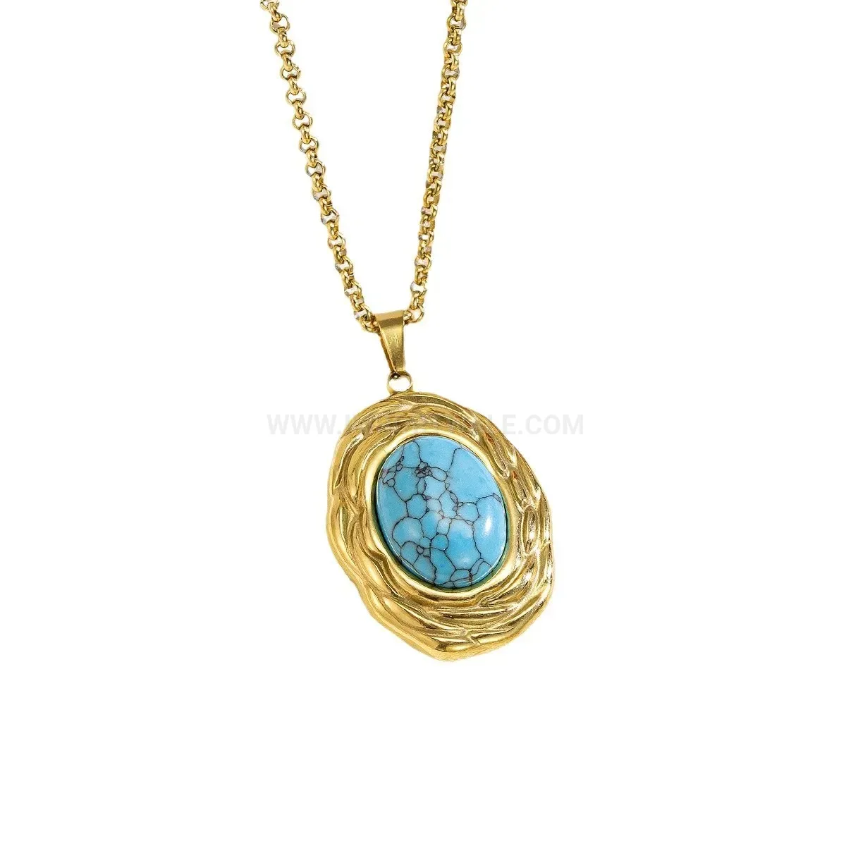 Modern Retro Titanium Steel Blue Turquoise Oval Pendant Necklace