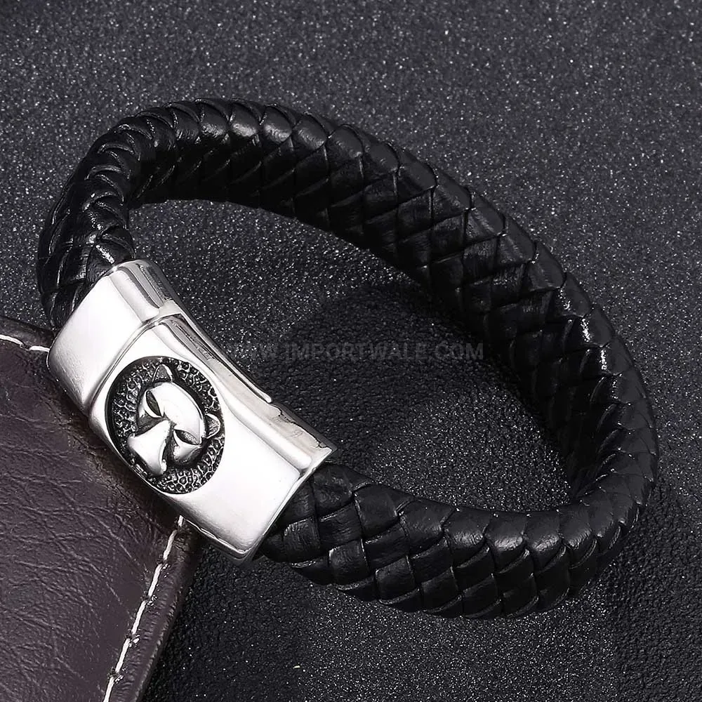 Braided Leather Stainless Steel Magnetic Clasp Punk Wolf Bracelet