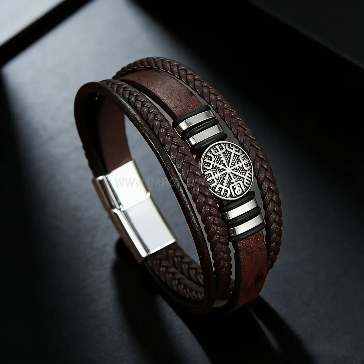 Stylish Viking Compass Alloy Charm Woven Leather Bracelet with Magnetic Clasp