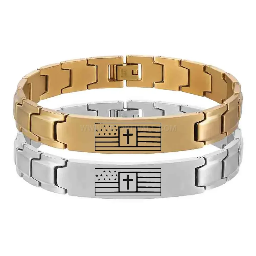 Men's Stainless Steel Engraved Cross Flag Watch Band Bracelet
