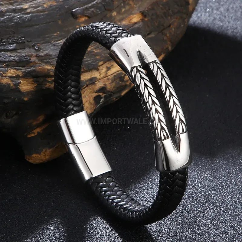 Elegant Braided Leather Stainless Steel Punk Style Wristband for Men