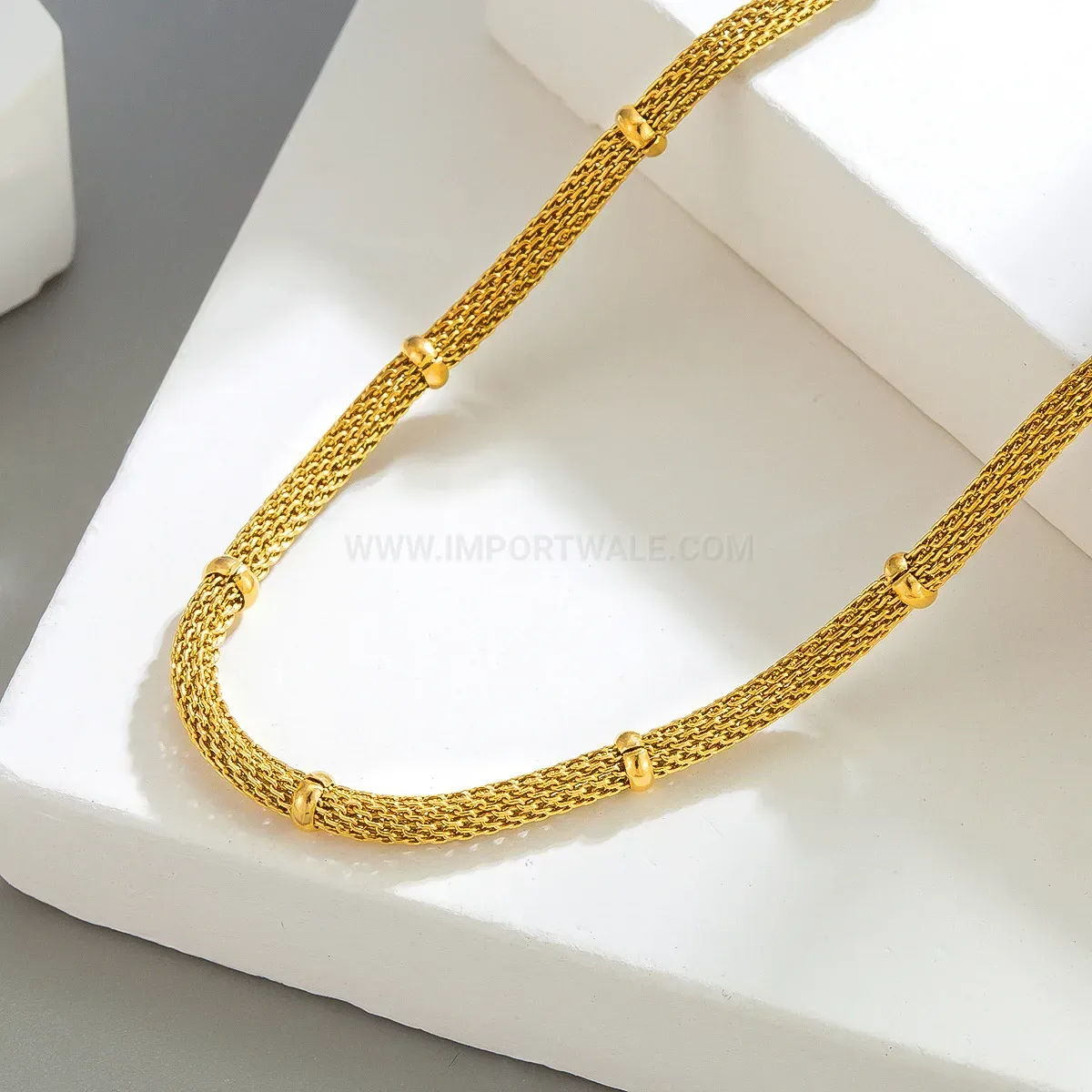 Classic Gold Plated Stainless Steel Bamboo Chain Polka Dot Pendant Necklace