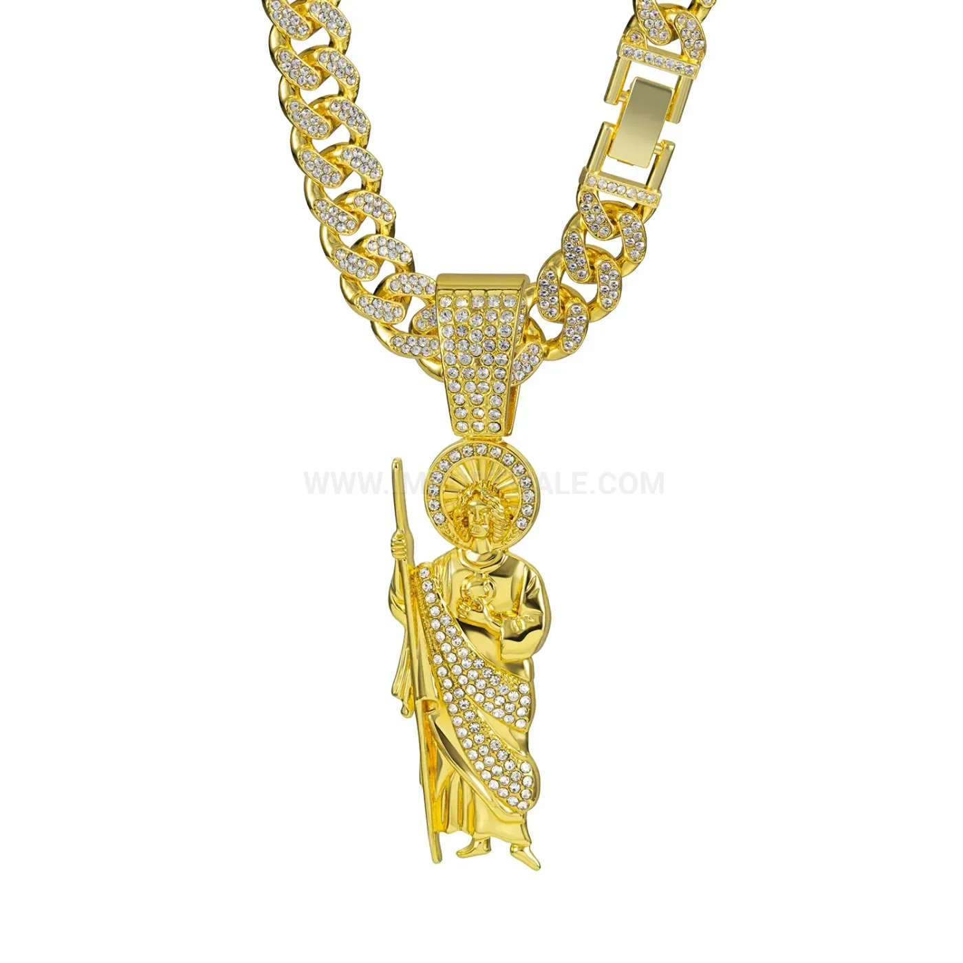Classic Religious Figure Pendant Rhinestone Cuban Chain Hip Hop Necklace