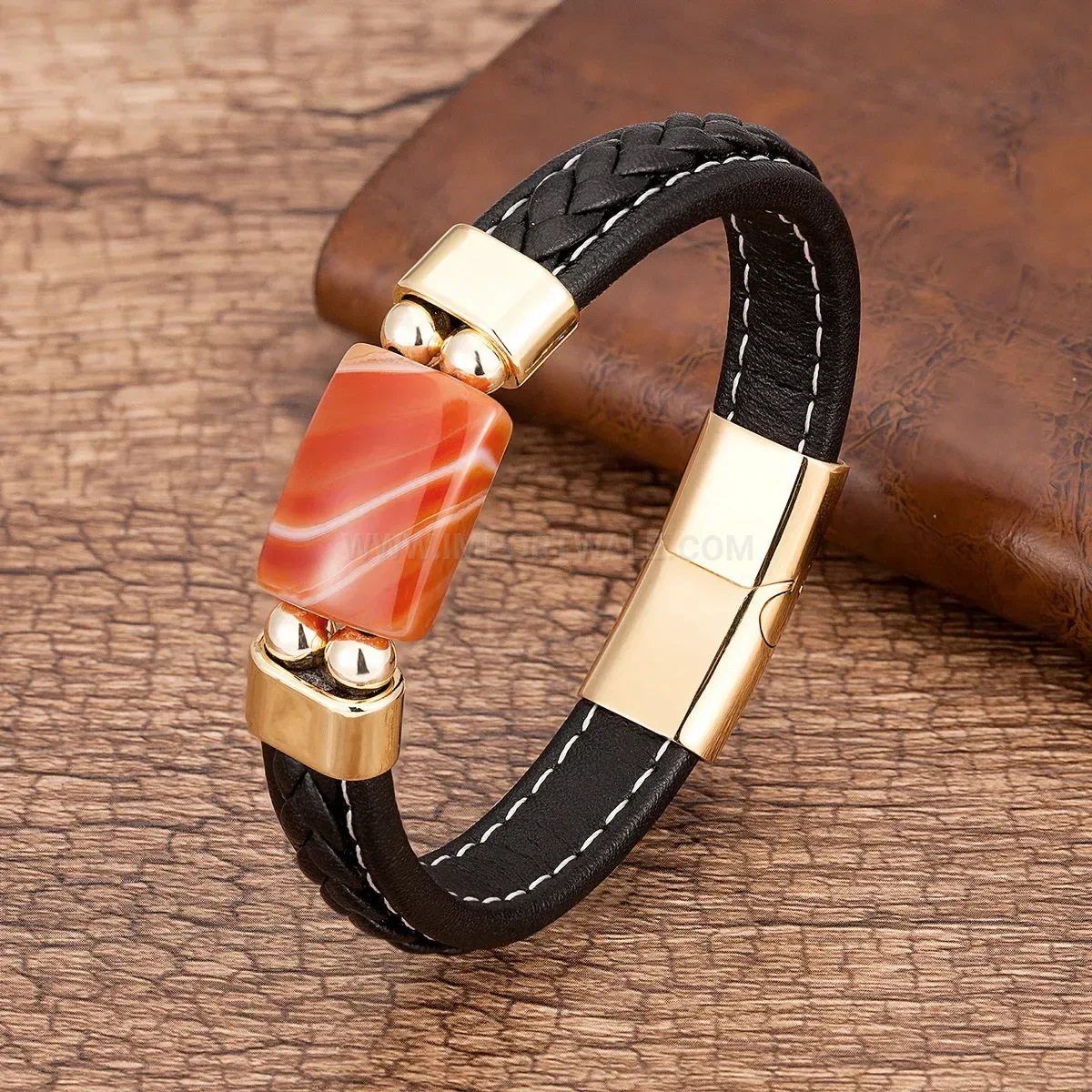 Geometric Stone Leather Woven Bracelet with Magnetic Clasp