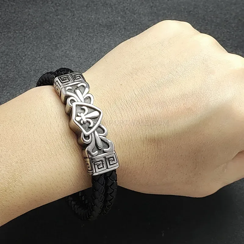 Modern Engraved Stainless Steel Dual-Tone Leather Men's Bracelet