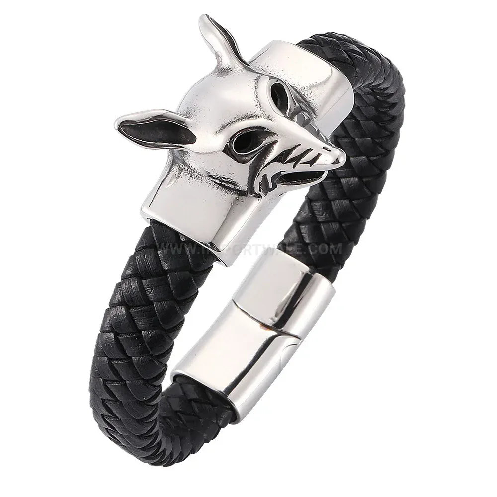 Trendy Genuine Leather Bracelet with Stainless Steel Fox Magnetic Clasp