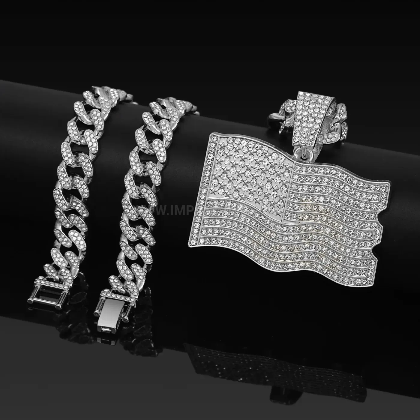 Designer 3D Crystal American Flag Star Cuban Chain Necklace