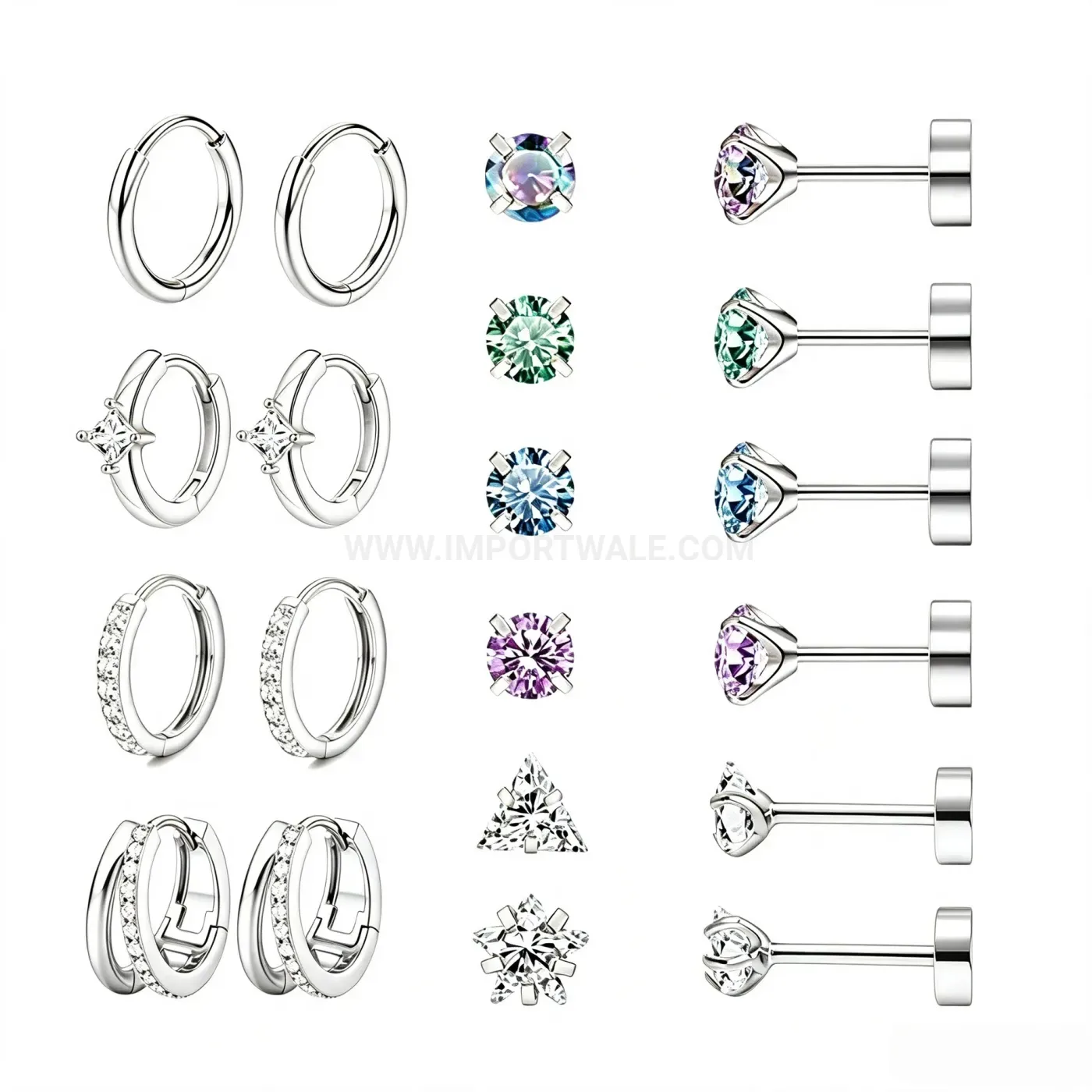 Classic Sparkling Flat Back Stainless Steel Ear Stud Set