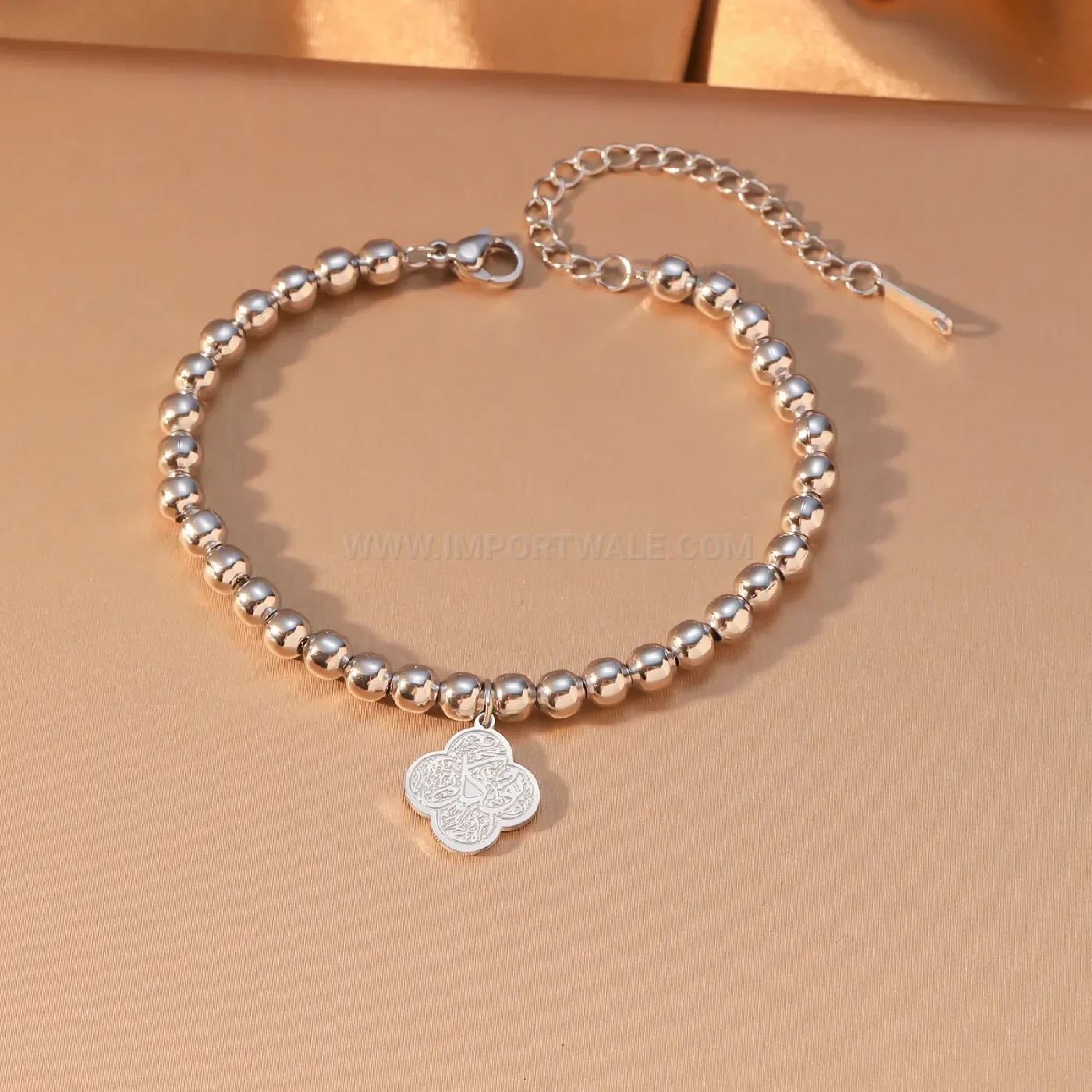 Islamic Ayatul Kursi Stainless Steel Beaded Clover Charm Bracelet