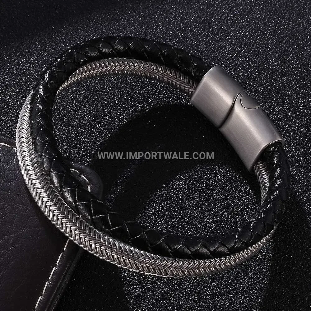 Steel Wire and Black Leather Combination Bracelet with Magnetic Clasp