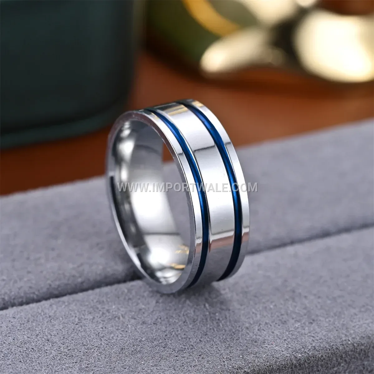 Blue Dual Line Inlay Stainless Steel Men Band Ring