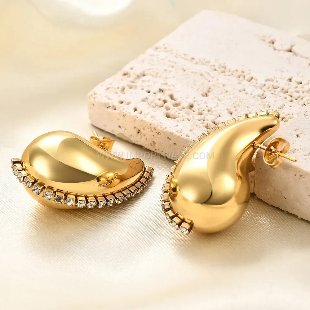 Hollow Teardrop Stainless Steel Stud Earrings with Zircon Accent
