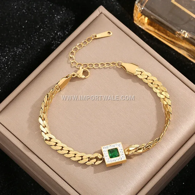 Vintage Emerald Zircon Micro Pave Stainless Steel Anklet
