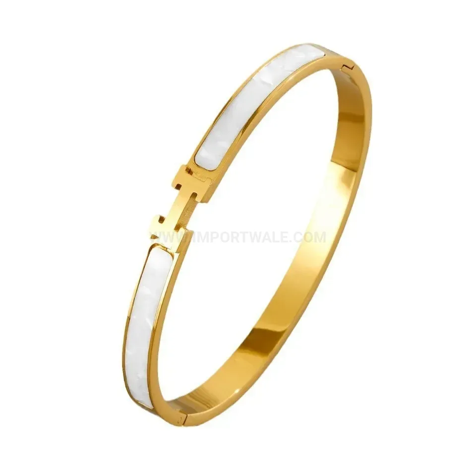 White Shell H-Inlay Clasp Titanium Steel Bangle