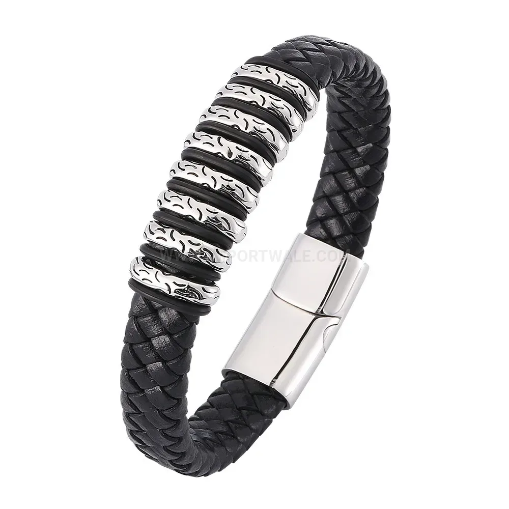 Adjustable Braided Leather Wristband with Stainless Steel Magnetic Clasp