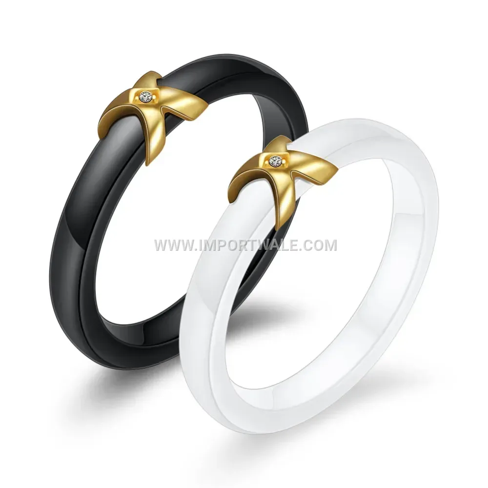 Elegant X-Cross Polished Ceramic Rhinestone Accent Ring