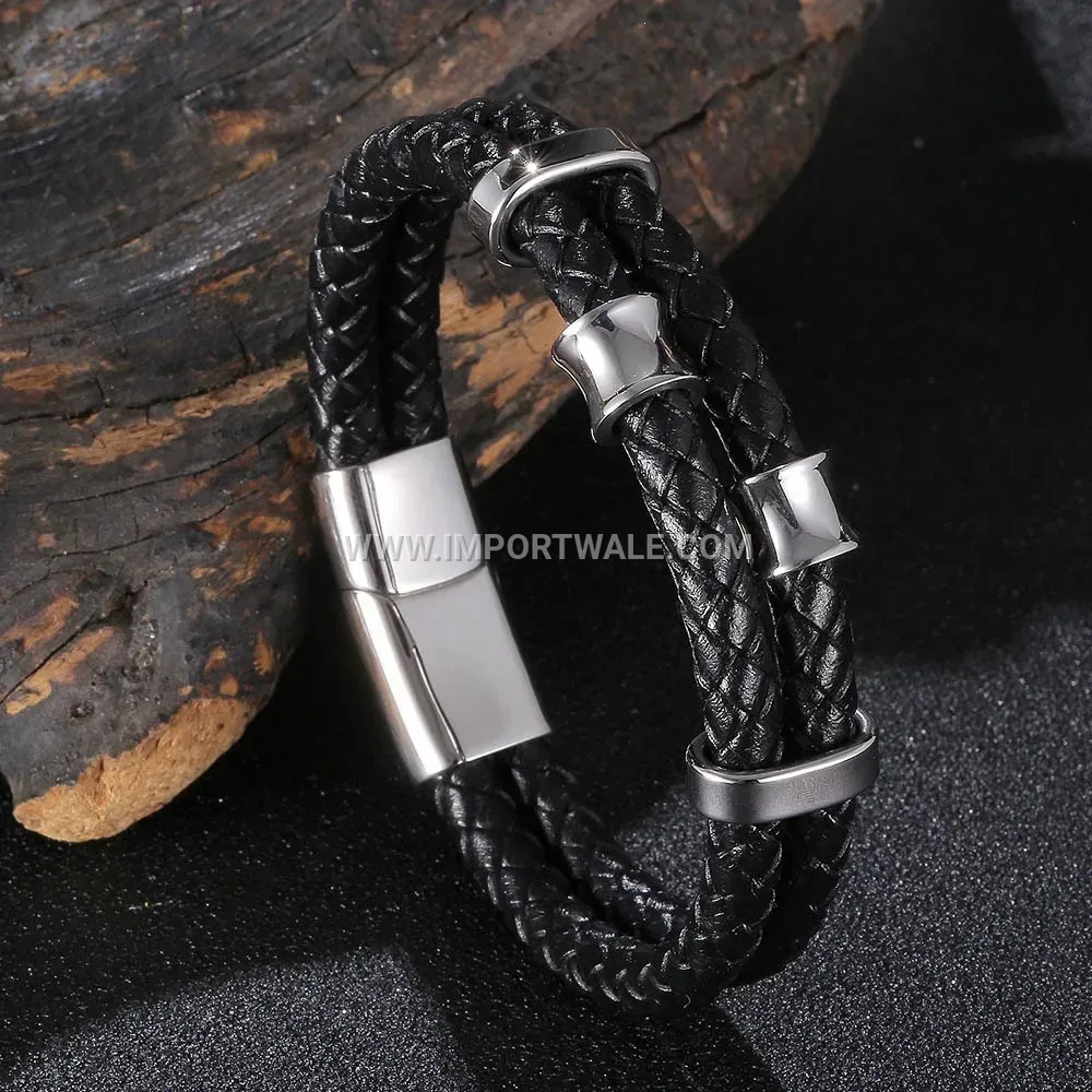 Braided Leather Multi Layer Stainless Steel Magnetic Bracelet