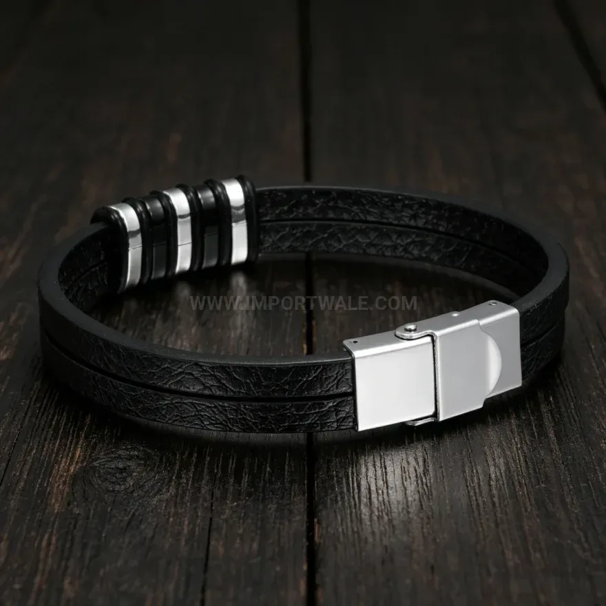 Trendy Sleek Microfiber Leather Bracelet With Stainless Accent