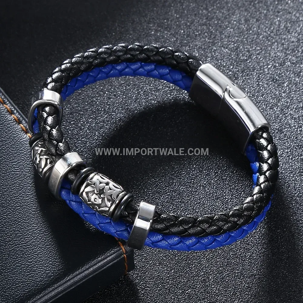 Handmade Retro Leather Bangle Bracelet with Stainless Steel Accents