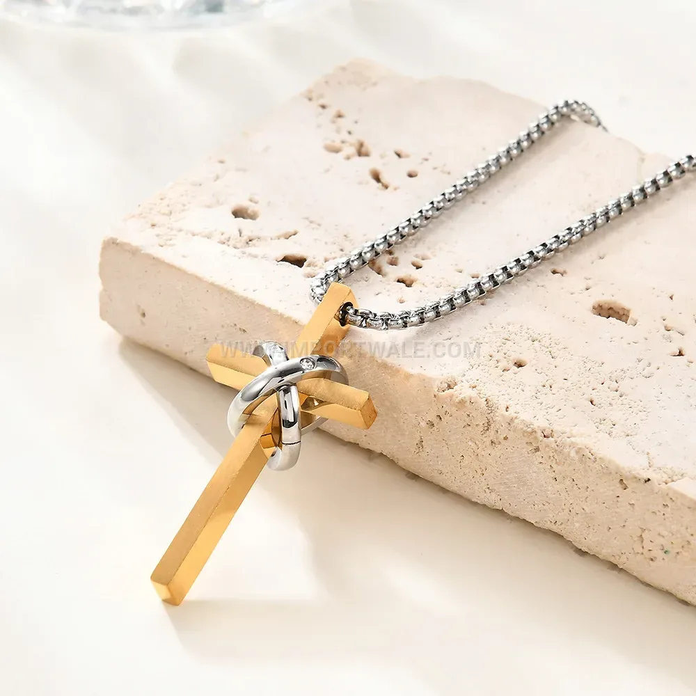 Stainless Steel Interlocking Ring Cross Pendant Necklace