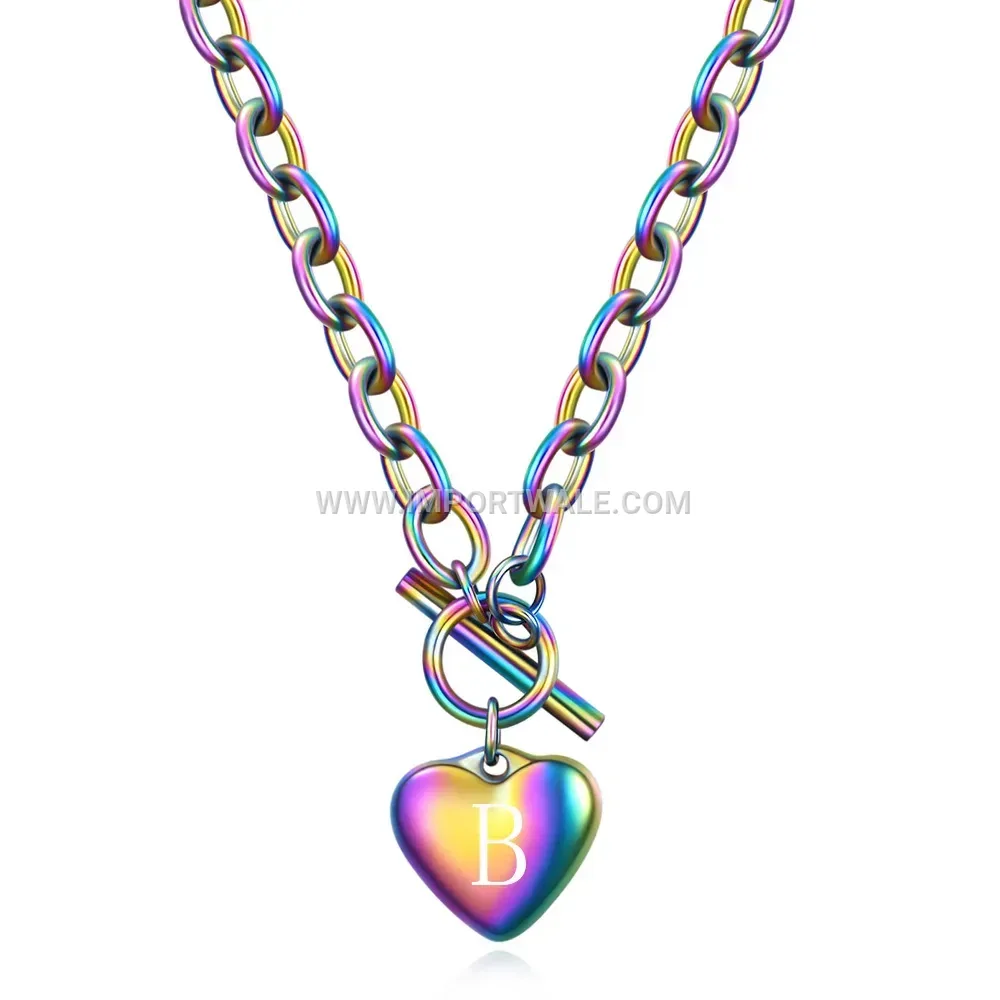 Stainless Steel Heart Initial Pendant Toggle Chain Necklace